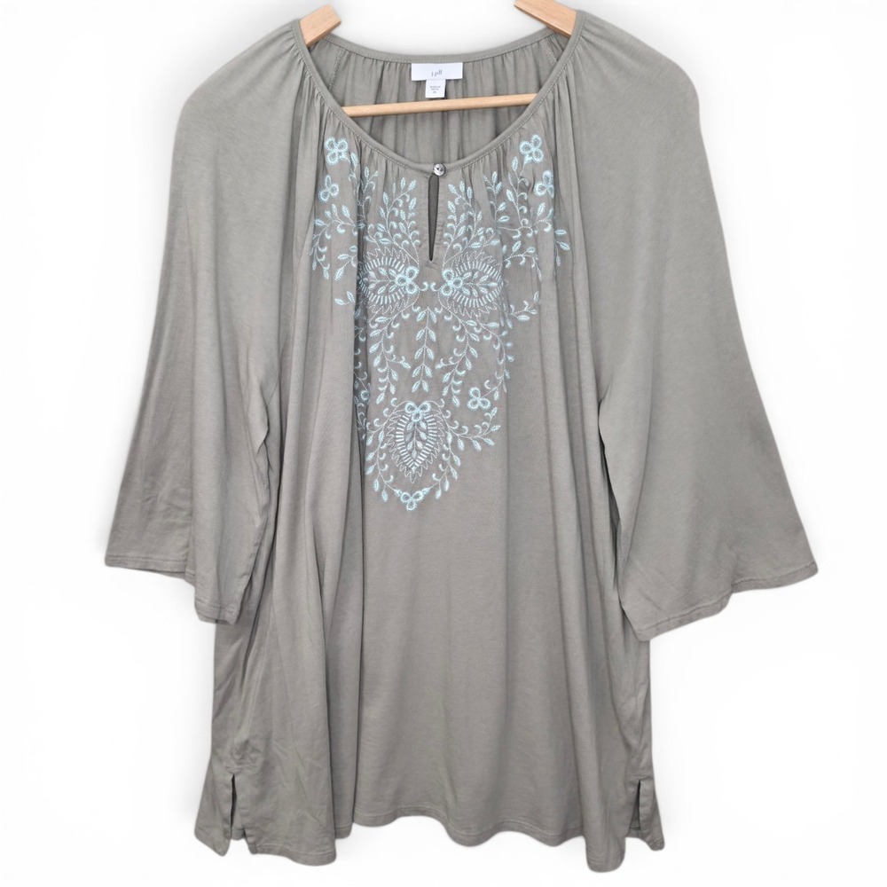 J Jill Top Womens XL Green Embroidered Keyhole Neck Peasant Blouse 3/4 Sleeve - Picture 1 of 7